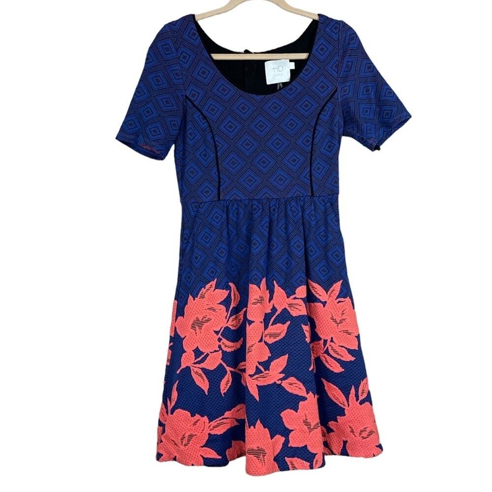 Anthropologie HD in Paris Blushed Blooms Dress Blue Orange Embroidery SZ Small